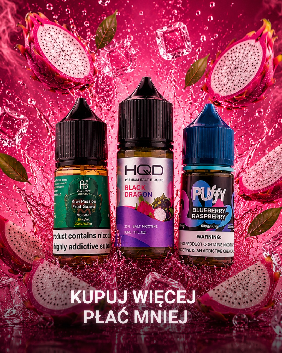 Różnorodny asortyment produktów do waporyzacji, w tym e-papierosy, płyny, grzałki i akcesoria ułożone na tle sklepu internetowego.