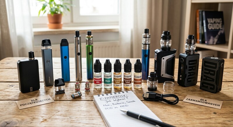 Dwa e-papierosy obok siebie, jeden z widocznym portem ładowania USB-C i kablem, drugi z otwartym zbiornikiem i butelką liquidu, symbolizujące różnicę między ładowaniem a napełnianiem.